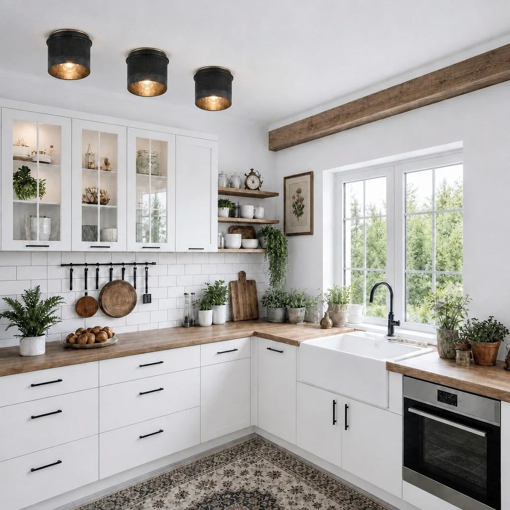 Modern kitchen with white cabinets, wooden countertops, and large windows.