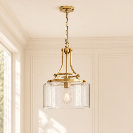 Modern Brushed Brass Clear Cylinder Glass Pendant Light