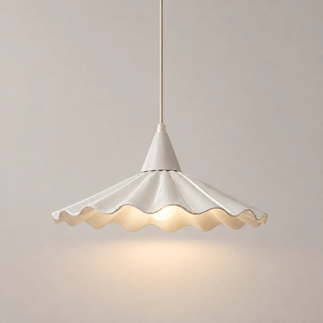 Modern Cottage Scalloped Ceramic Gloss White Pendant Light