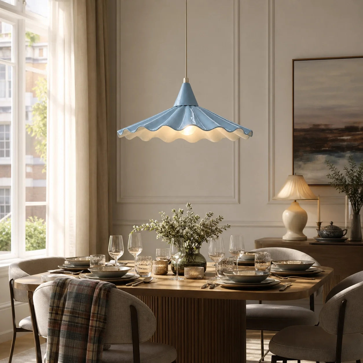 Modern Cottage Scalloped Ceramic Gloss White Pendant Light