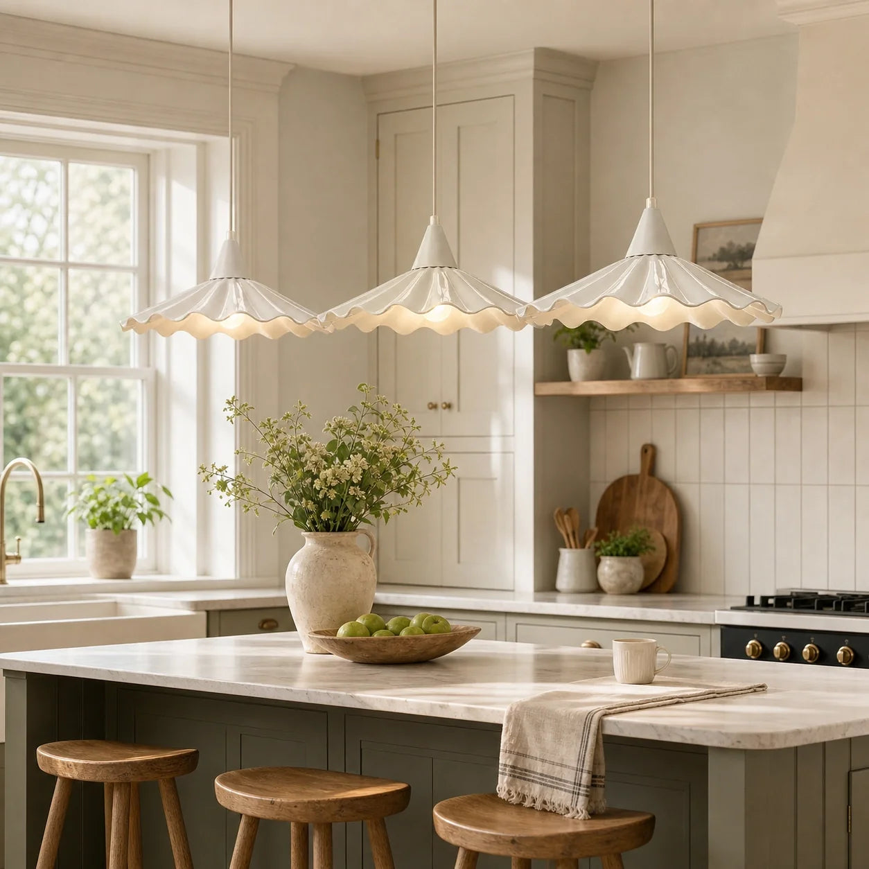 Modern Cottage Scalloped Ceramic Gloss White Pendant Light