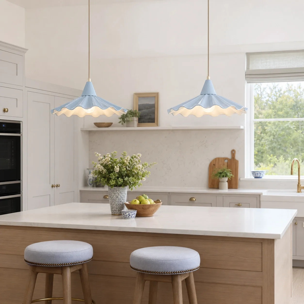 Modern Cottage Scalloped Ceramic Gloss White Pendant Light