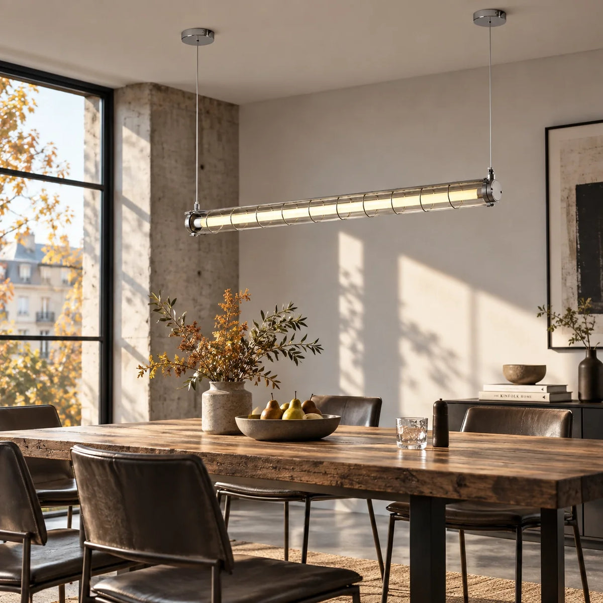Modern Industrial Silver Metal Cage Linear Pendant Light