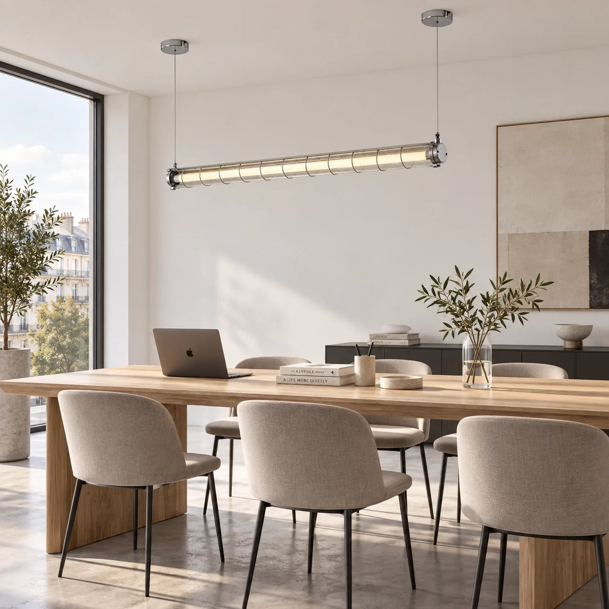 Modern Industrial Silver Metal Cage Linear Pendant Light