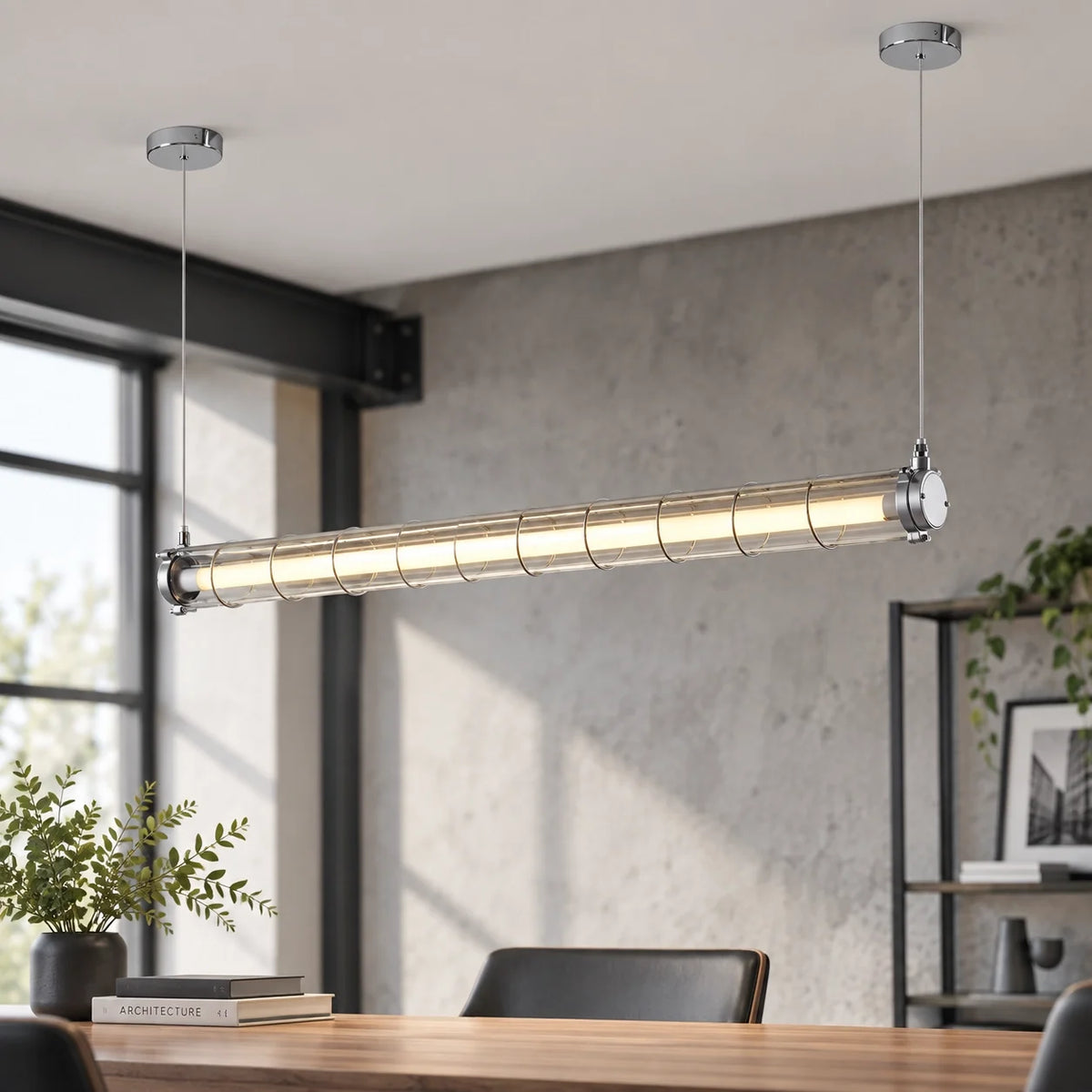Modern Industrial Silver Metal Cage Linear Pendant Light