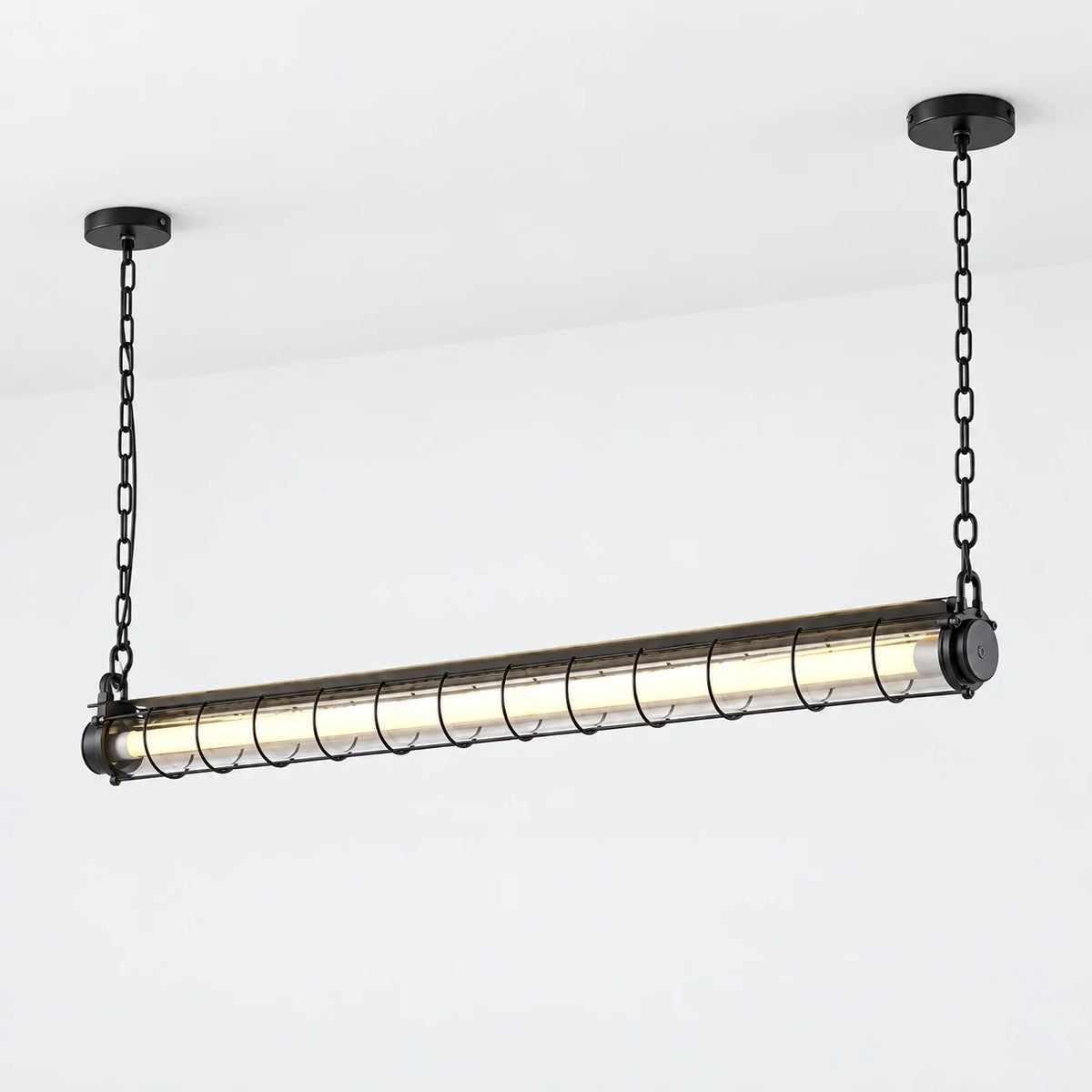 Modern Industrial Silver Metal Cage Linear Pendant Light