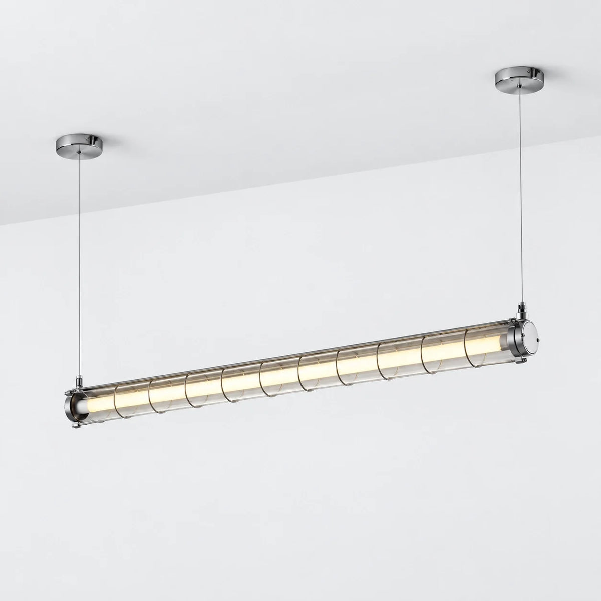 Modern Industrial Silver Metal Cage Linear Pendant Light
