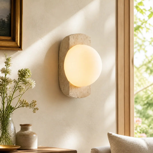 Modern Minimalist Travertine Opaline Glass Globe Bedroom Wall Light - view 2