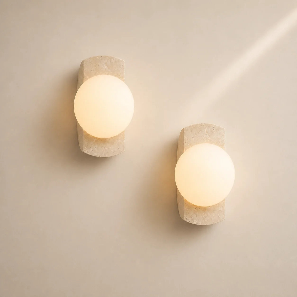 Modern Minimalist Travertine Opaline Glass Globe Bedroom Wall Light