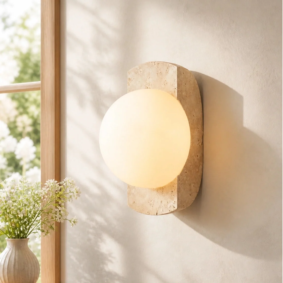 Modern Minimalist Travertine Opaline Glass Globe Bedroom Wall Light