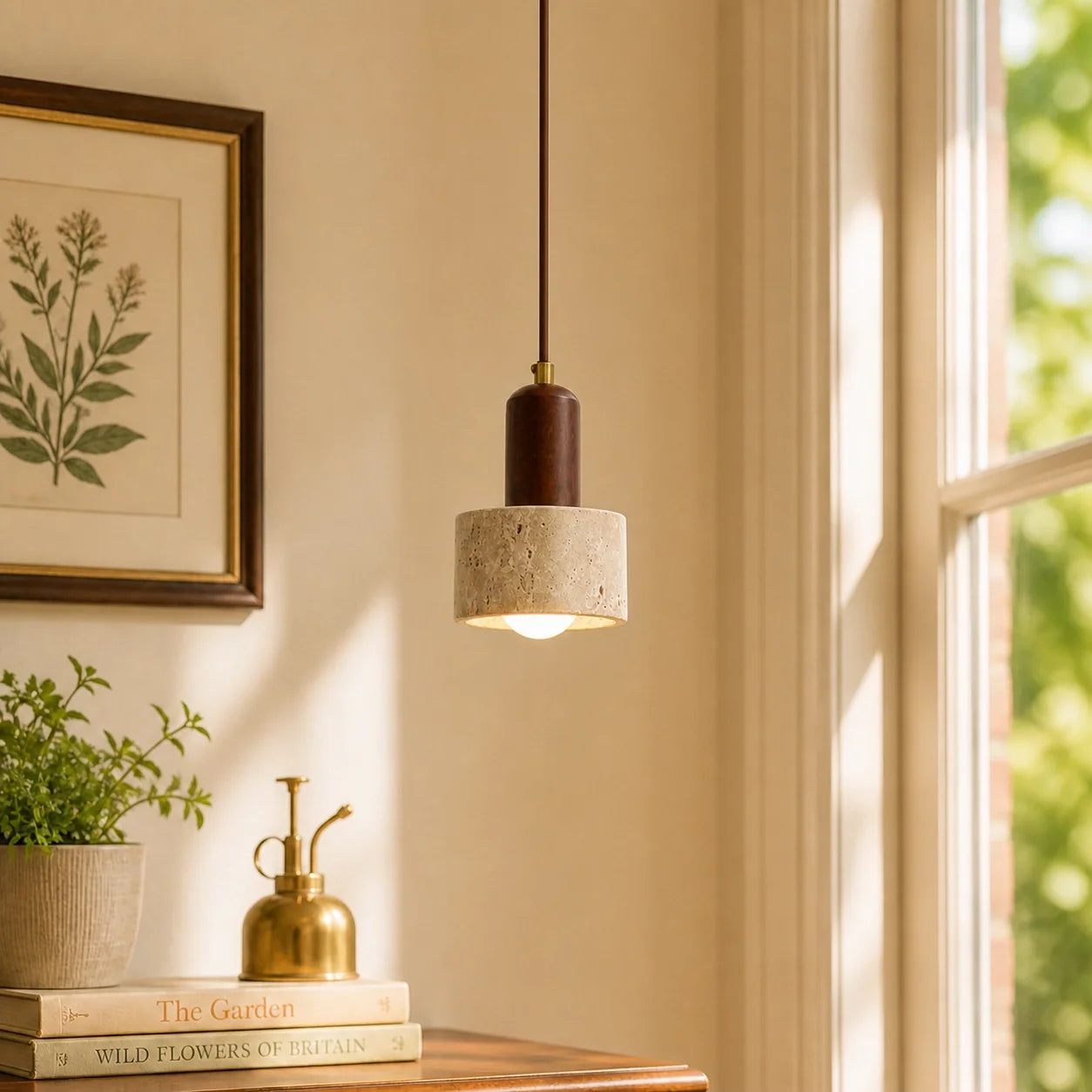 Modern Natural Travertine & Walnut Wood Pendant Light