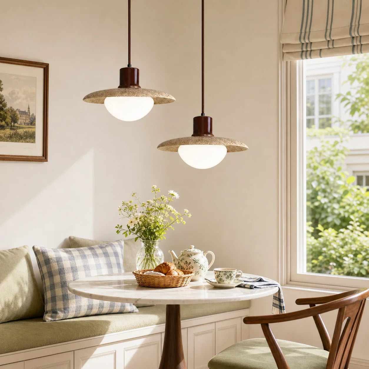 Modern Natural Travertine & Walnut Wood Pendant Light