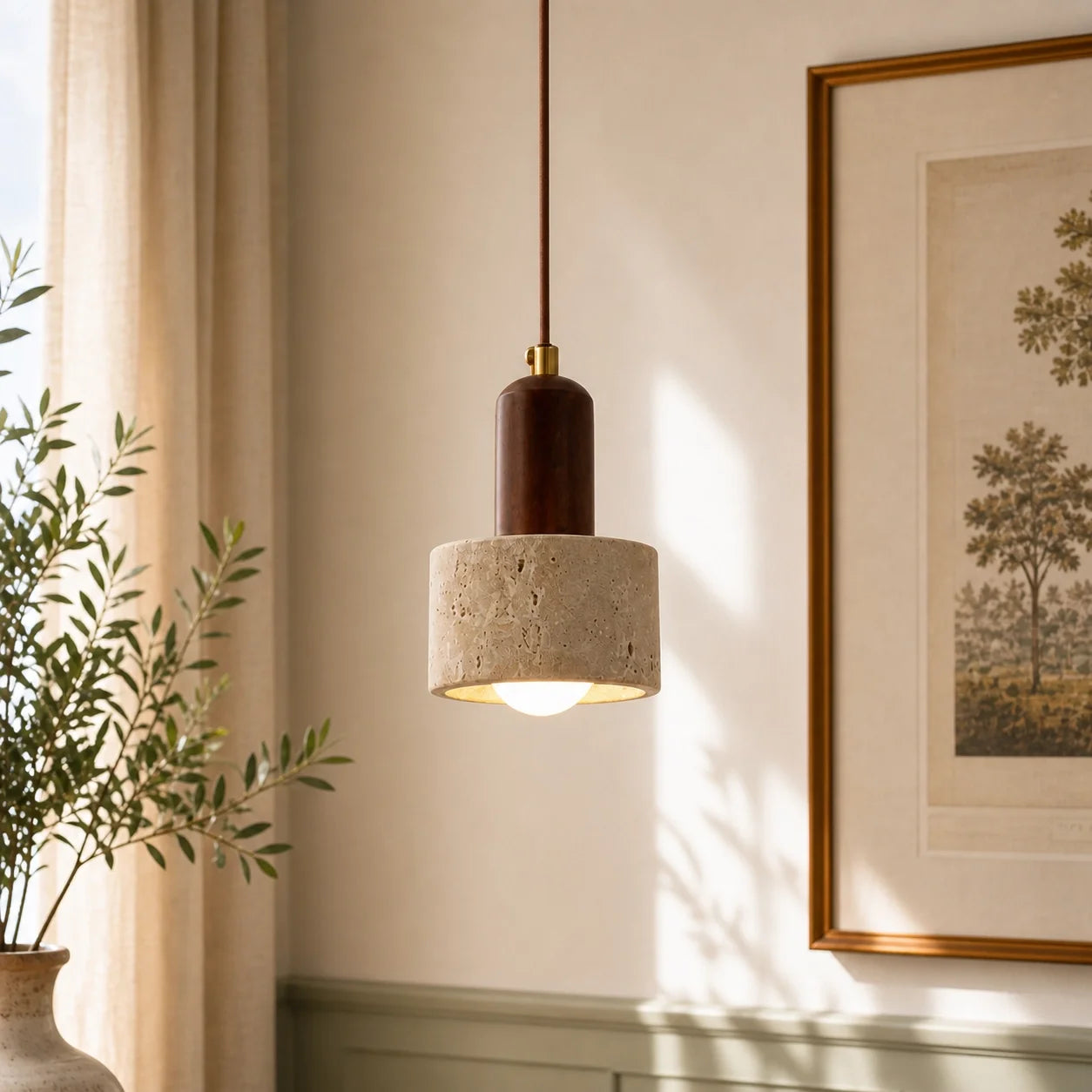 Modern Natural Travertine & Walnut Wood Pendant Light