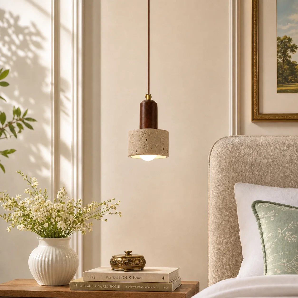 Modern Natural Travertine & Walnut Wood Pendant Light