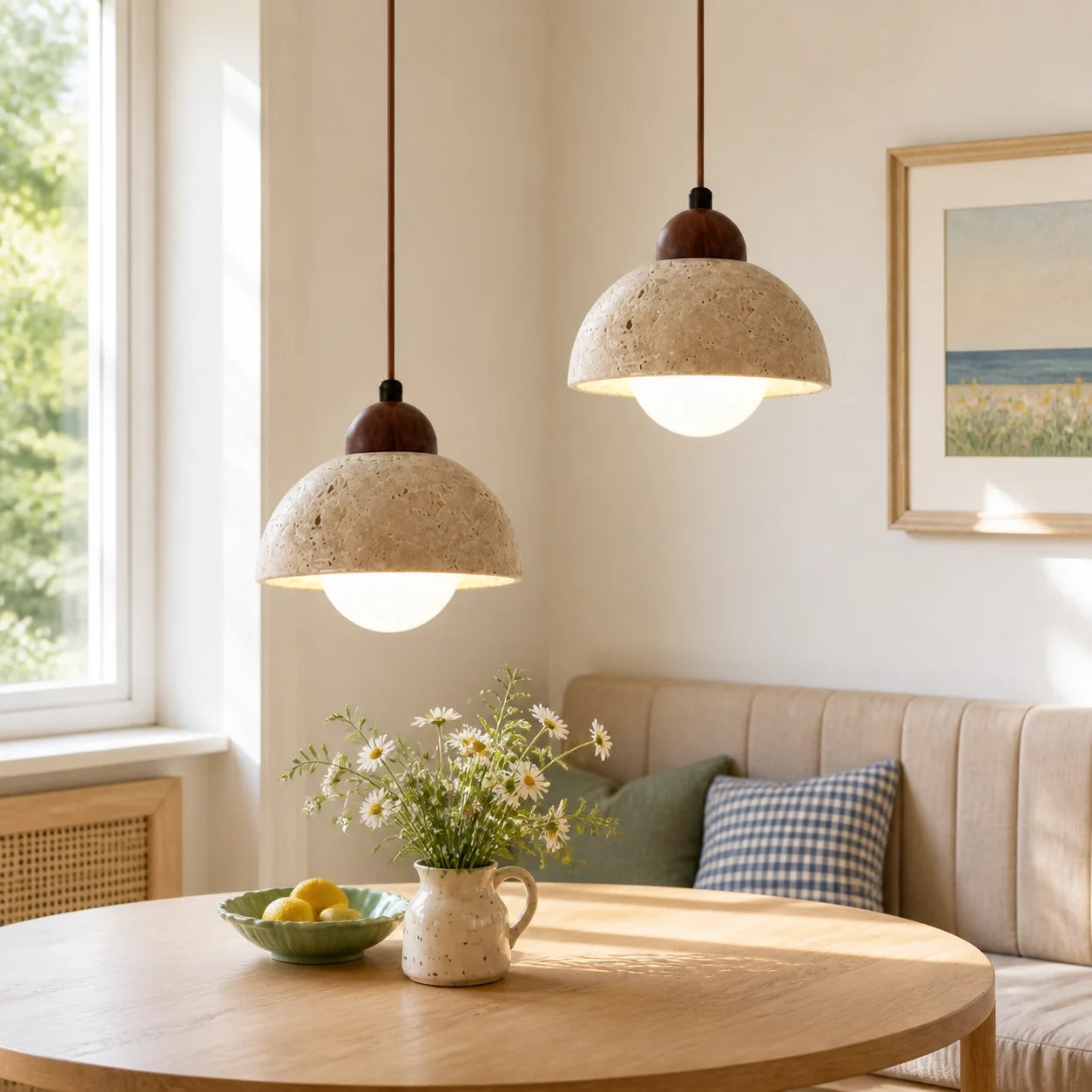 Modern Natural Travertine & Walnut Wood Pendant Light