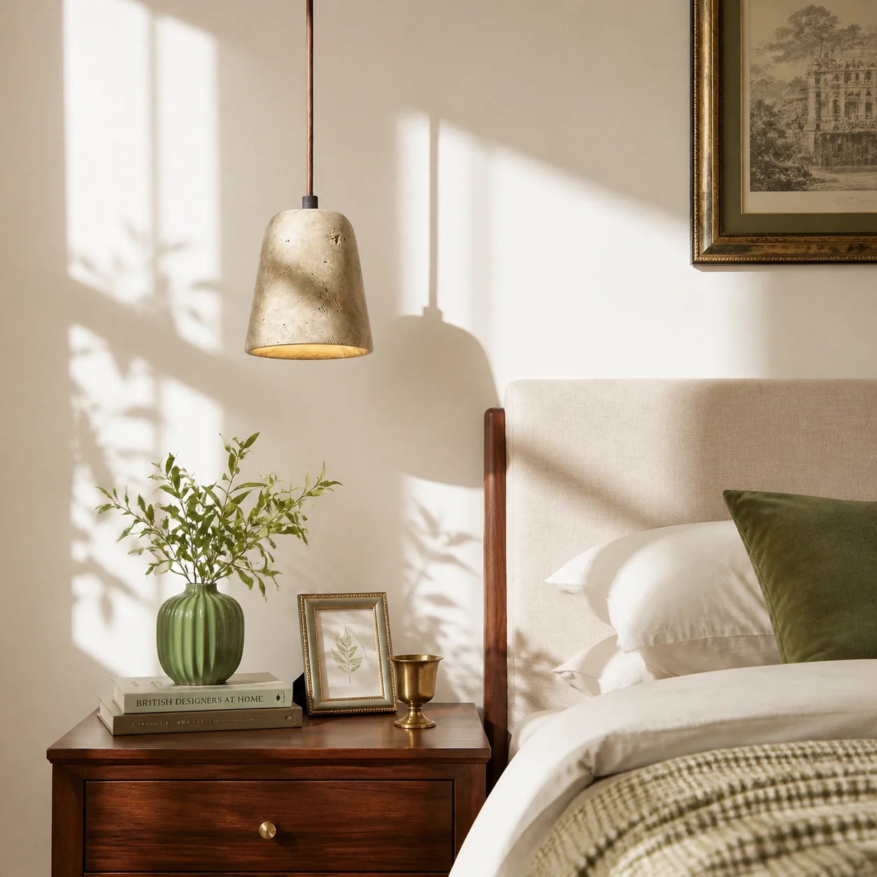 Modern Natural Travertine & Walnut Wood Pendant Light