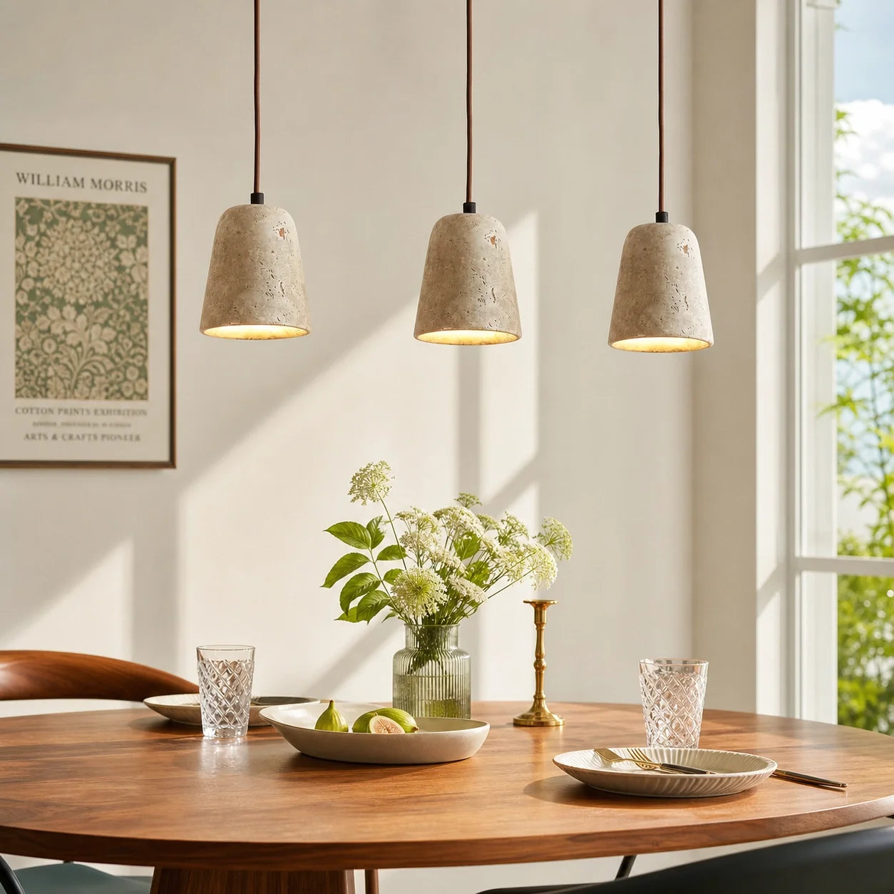 Modern Natural Travertine & Walnut Wood Pendant Light
