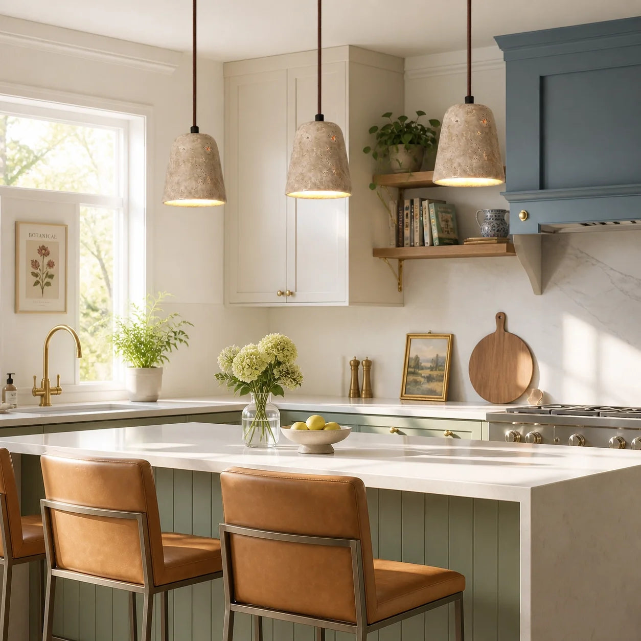 Modern Natural Travertine & Walnut Wood Pendant Light
