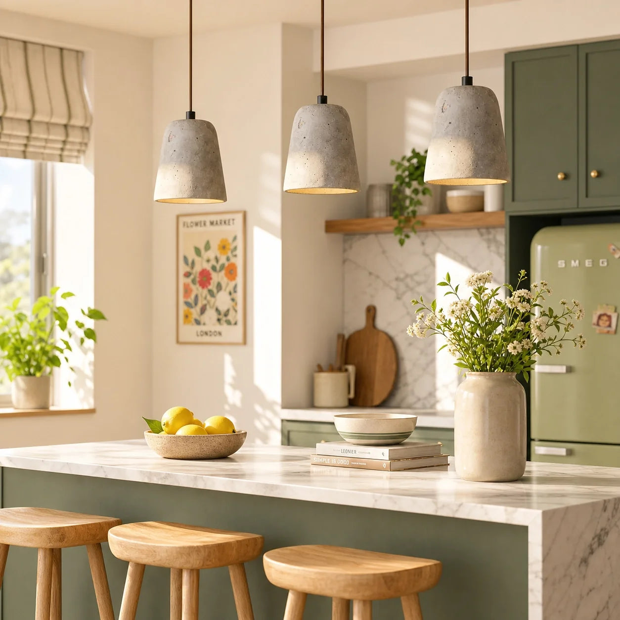 Modern Natural Travertine & Walnut Wood Pendant Light