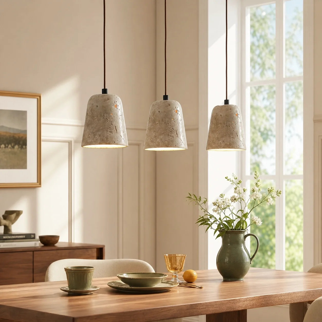 Modern Natural Travertine & Walnut Wood Pendant Light