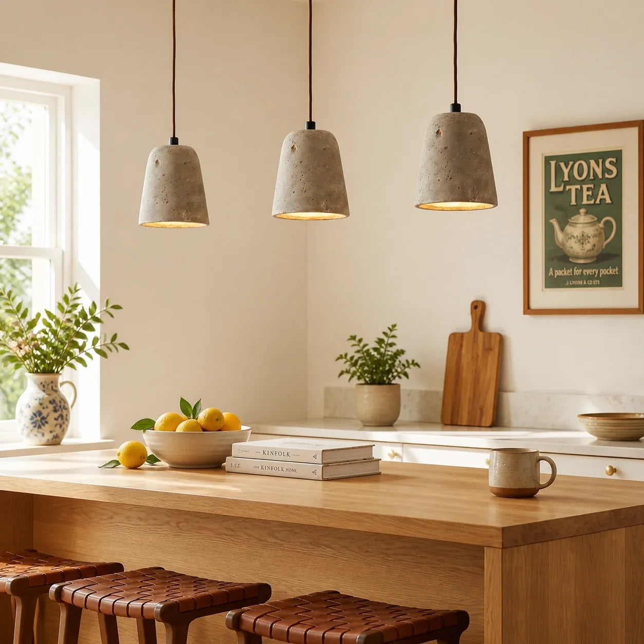 Modern Natural Travertine & Walnut Wood Pendant Light