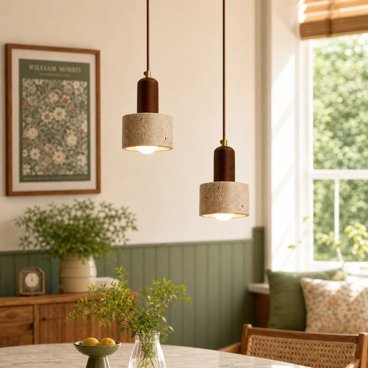 Modern Natural Travertine & Walnut Wood Pendant Light