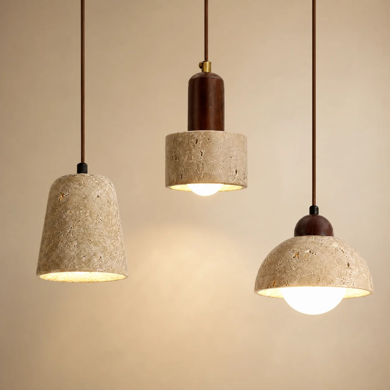 Modern Natural Travertine & Walnut Wood Pendant Light