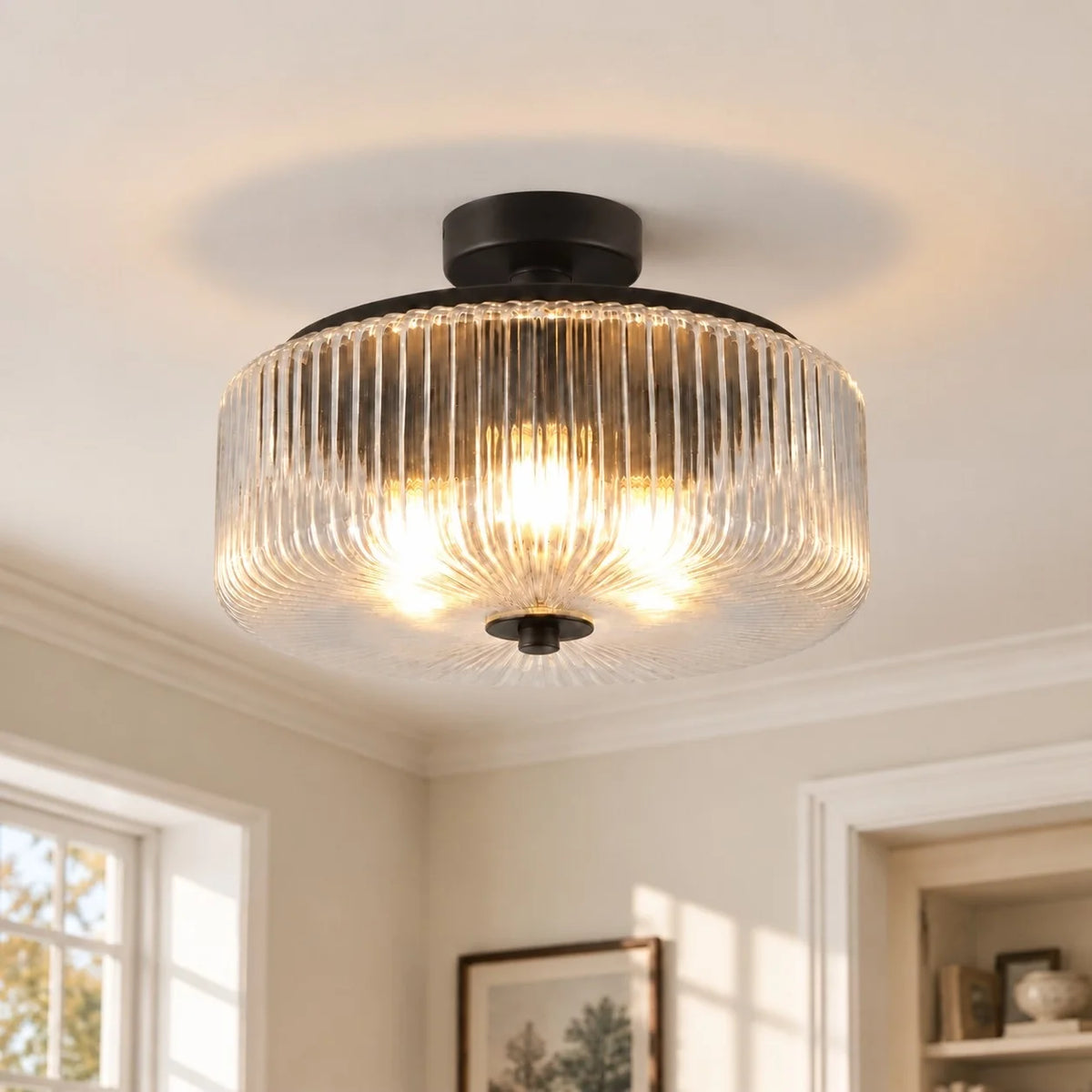 Modern Ribbed Glass Flush Mount Ceiling Light