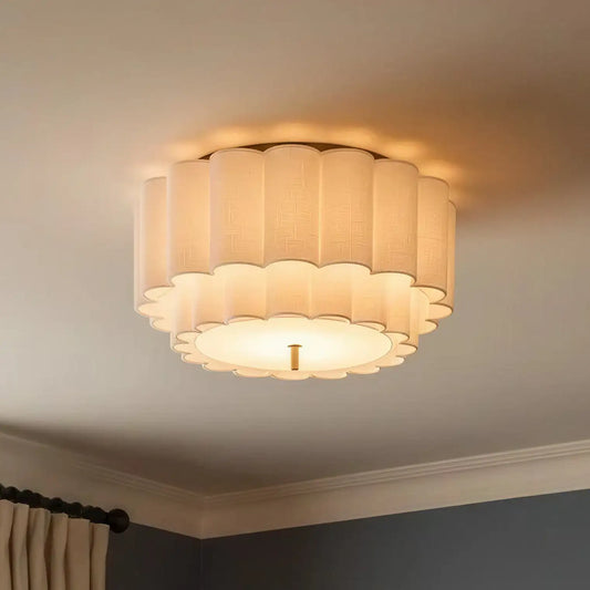 Modern Scalloped Natural Linen Flush Ceiling Light for Living Room