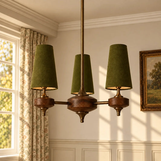 Modern Traditional Fabric Shades Wood Chandelier