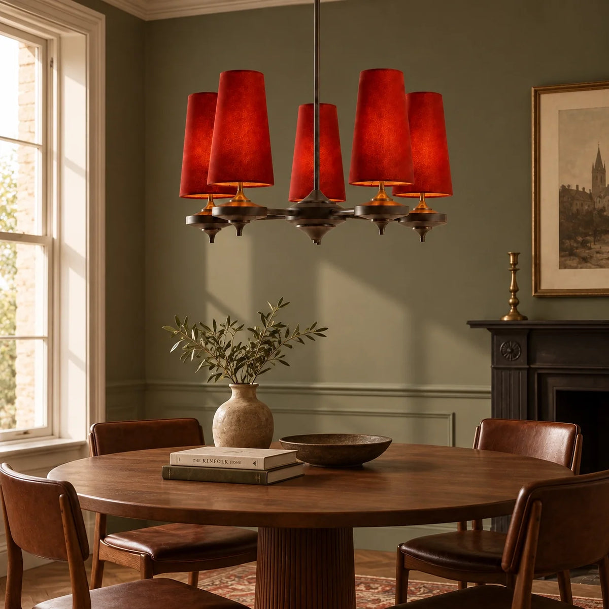 Modern Traditional Fabric Shades Wood Chandelier