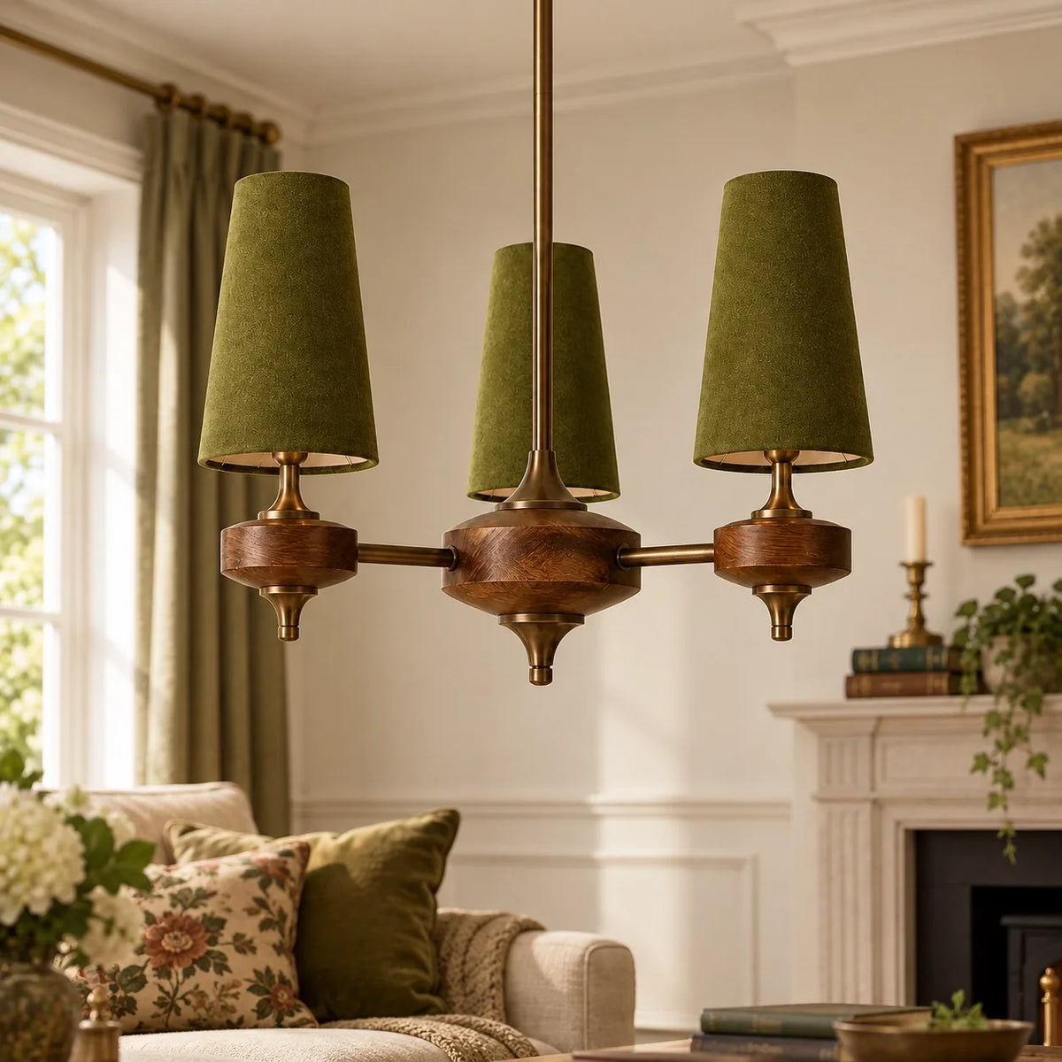 Modern Traditional Fabric Shades Wood Chandelier