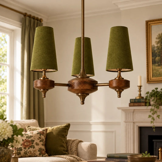 Modern Traditional Fabric Shades Wood Chandelier