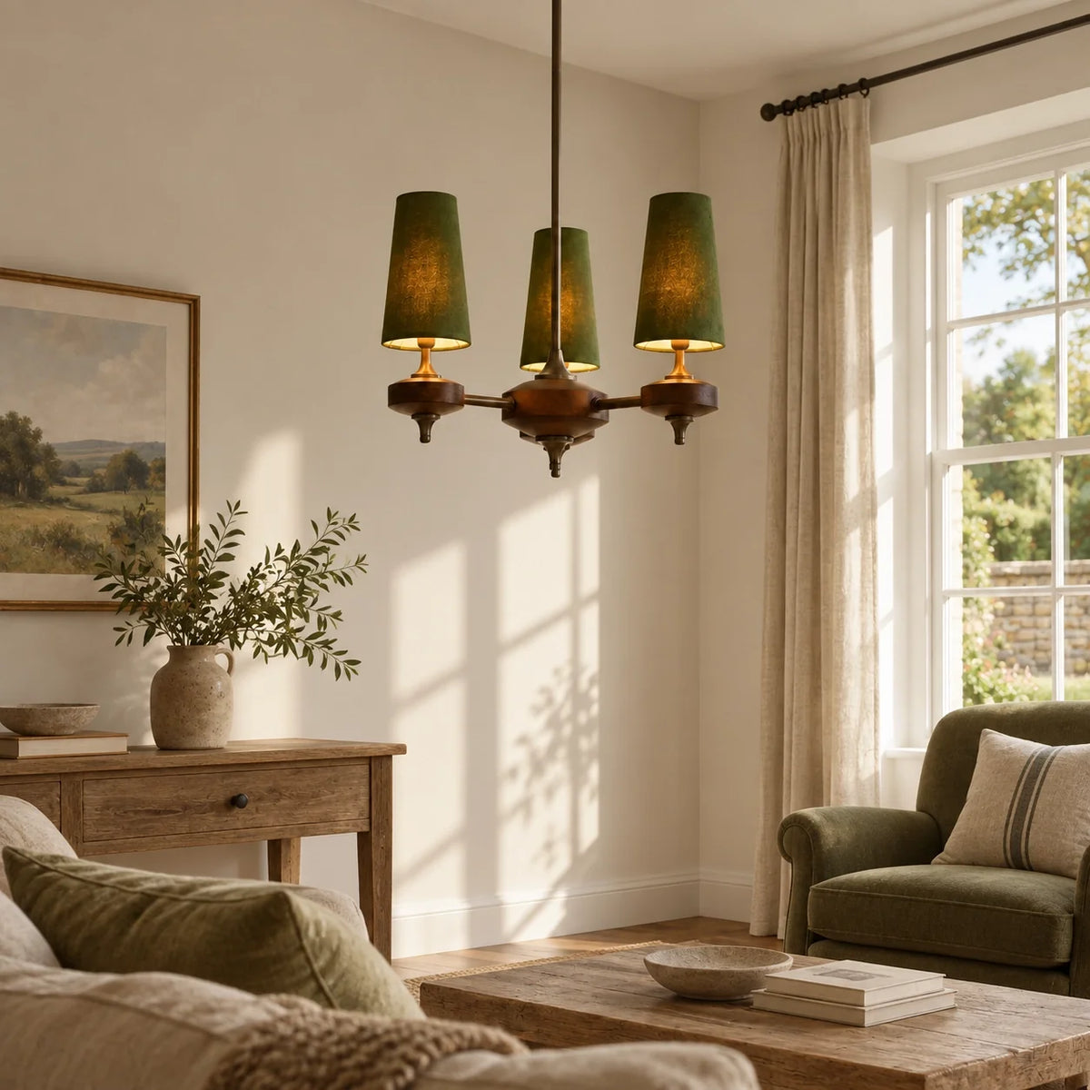 Modern Traditional Fabric Shades Wood Chandelier