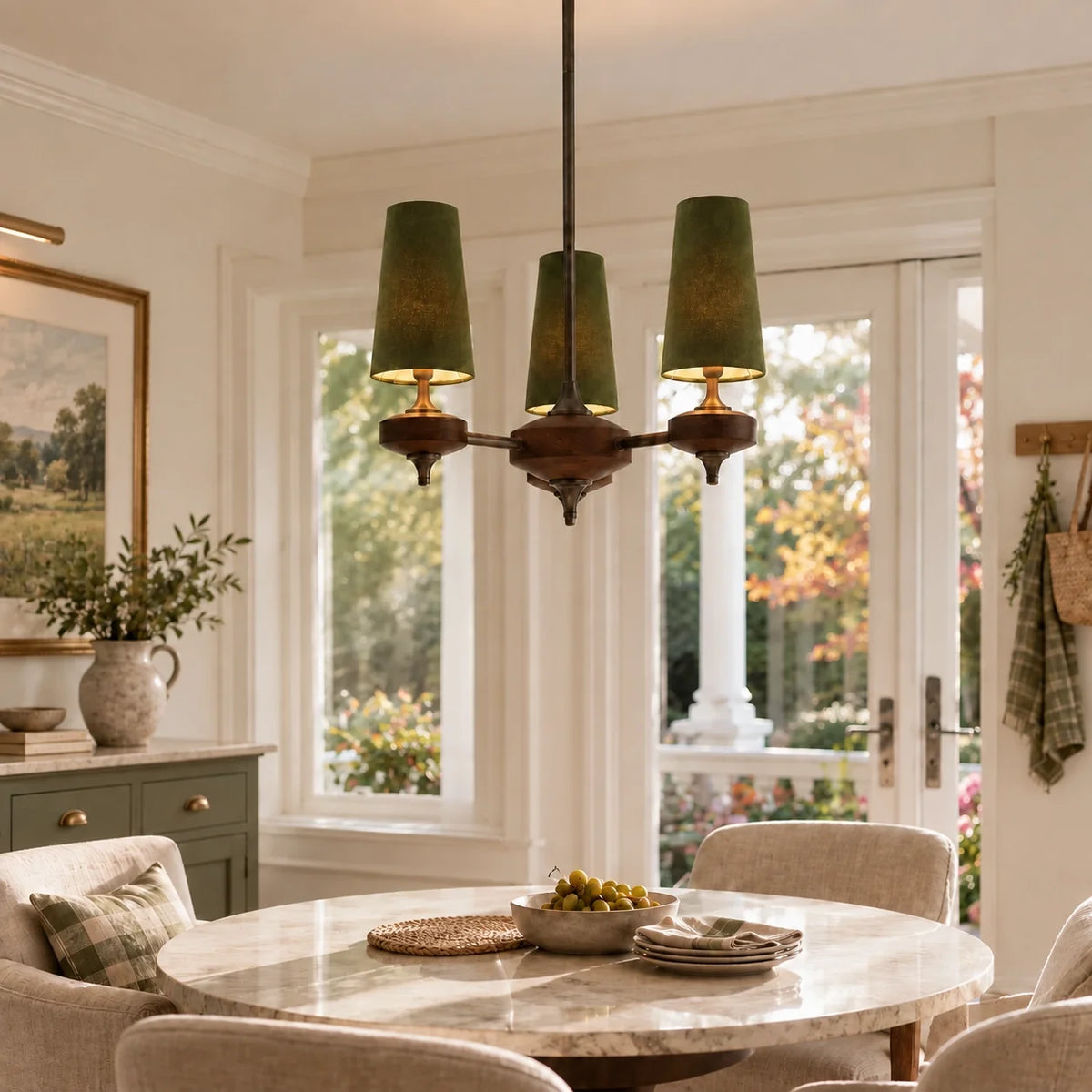 Modern Traditional Fabric Shades Wood Chandelier