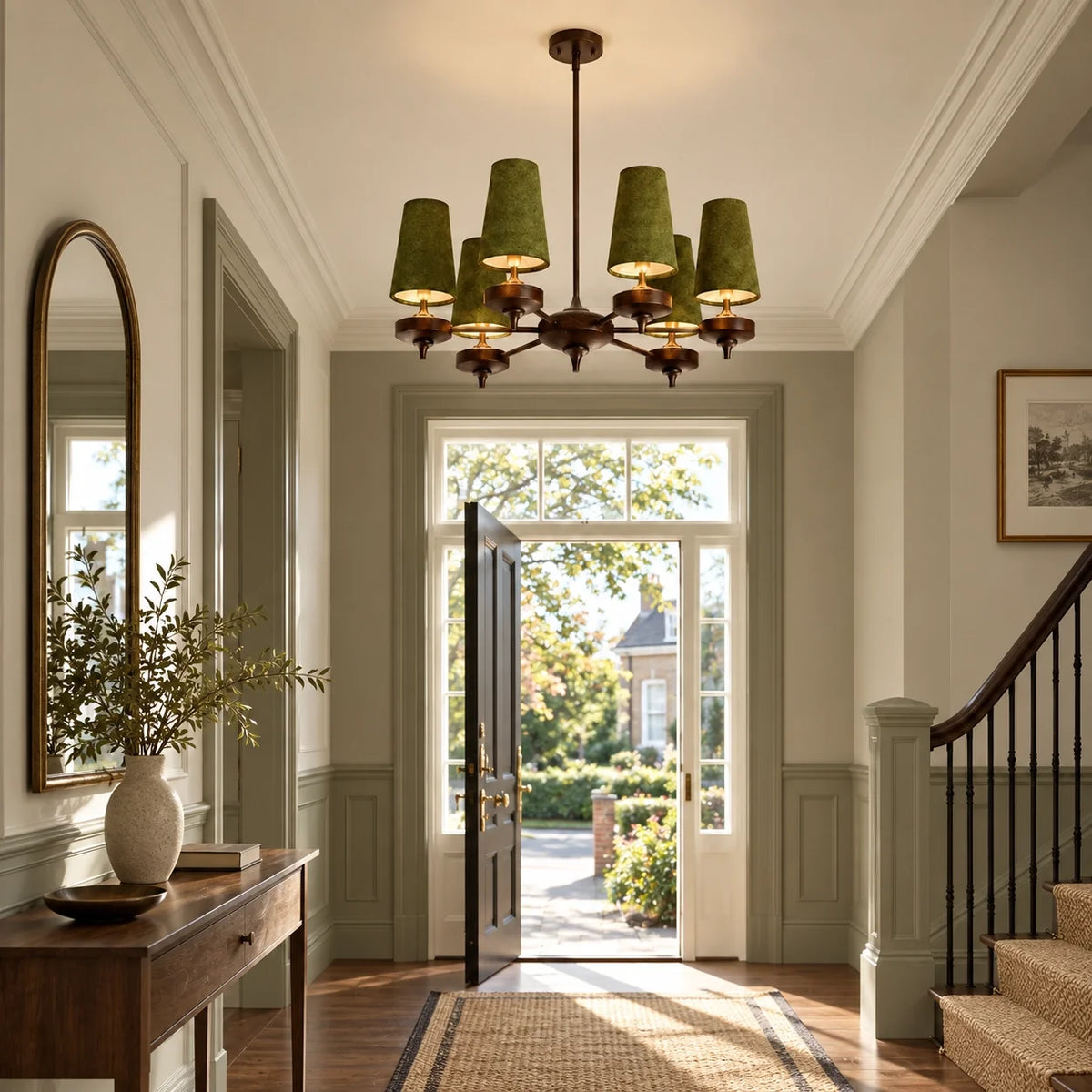 Modern Traditional Fabric Shades Wood Chandelier