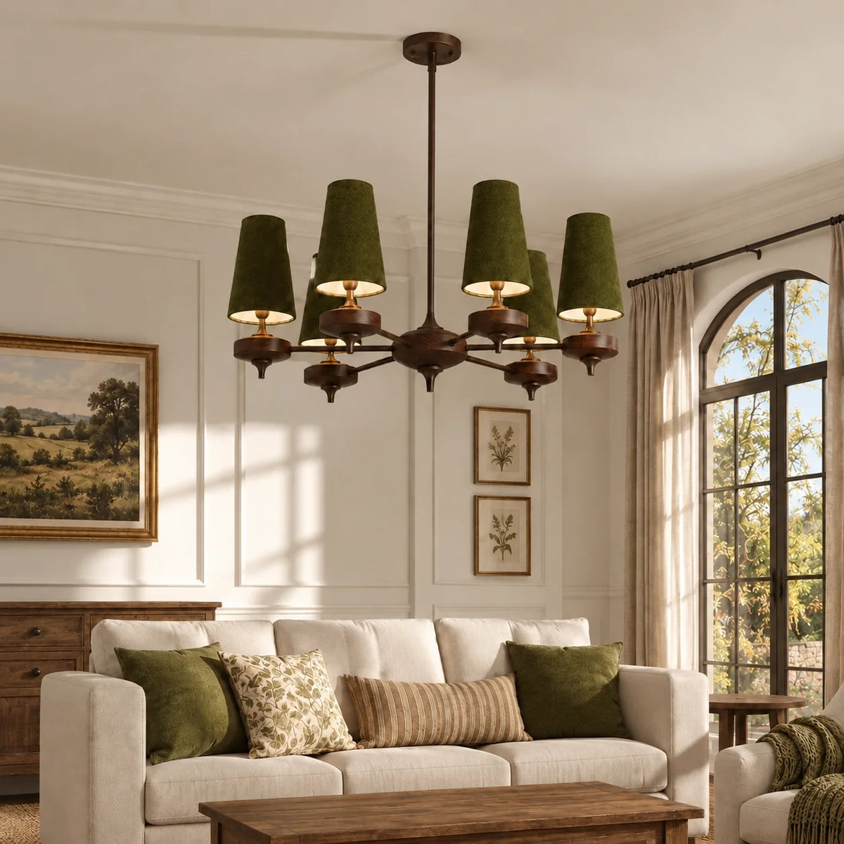 Modern Traditional Fabric Shades Wood Chandelier