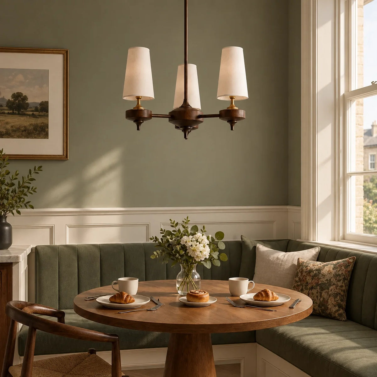 Modern Traditional Fabric Shades Wood Chandelier