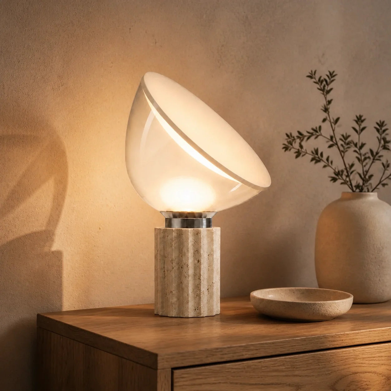 Modern Travertine Table Lamp with Clear Glass Shade