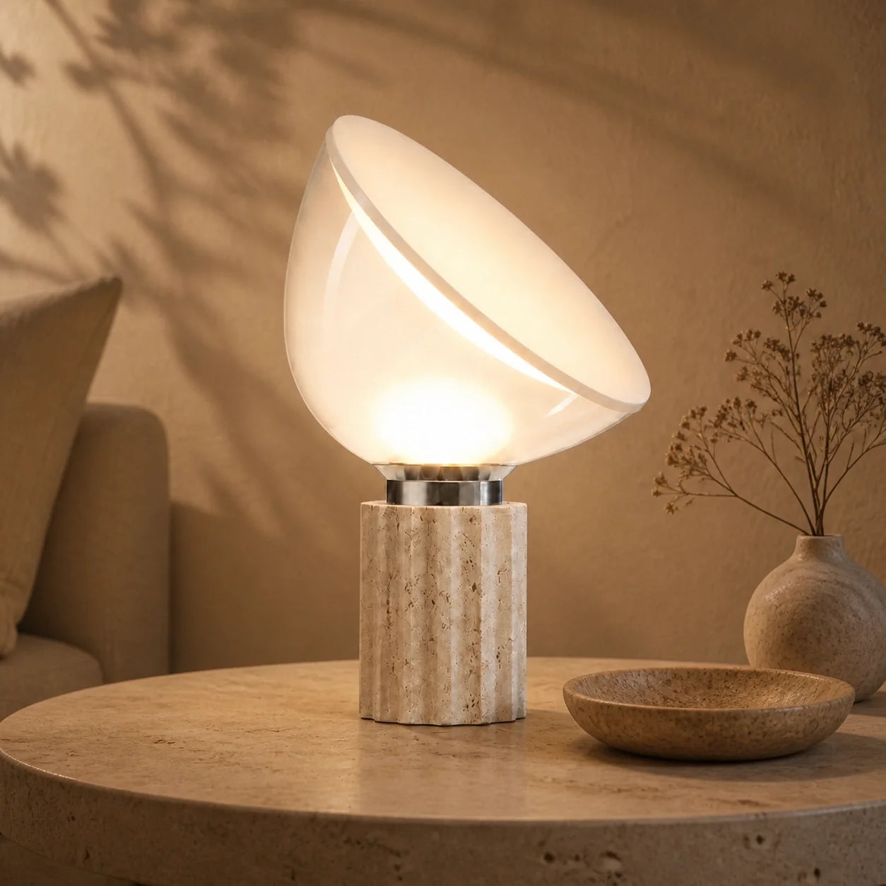 Modern Travertine Table Lamp with Clear Glass Shade