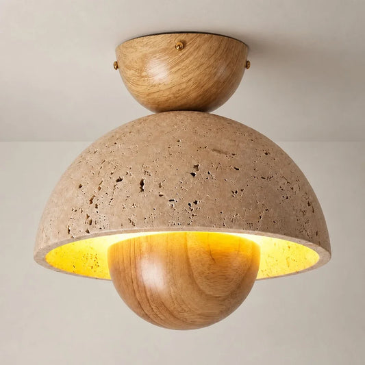 Modern Travertine Wood Hemisphere Ceiling Light