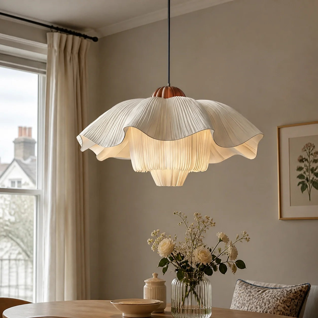 Modern Vintage Scalloped Ivory Pleated Fabric Pendant Light
