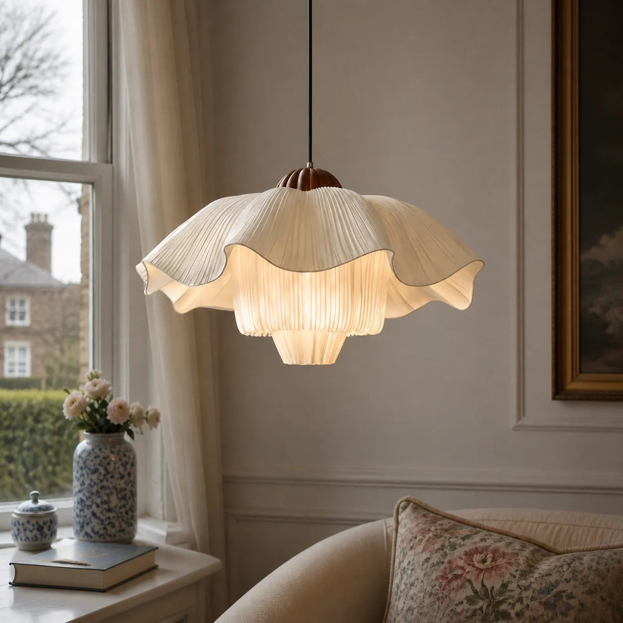 Modern Vintage Scalloped Ivory Pleated Fabric Pendant Light