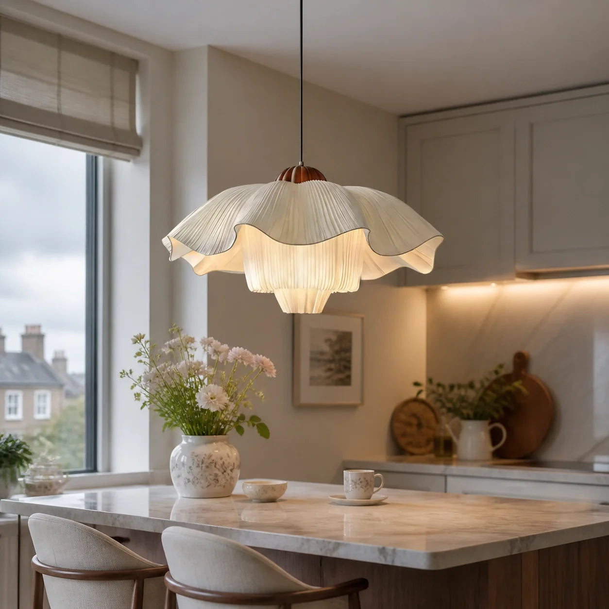 Modern Vintage Scalloped Ivory Pleated Fabric Pendant Light