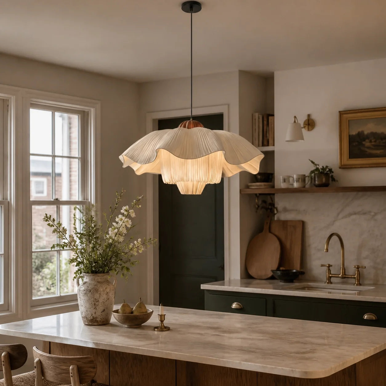 Modern Vintage Scalloped Ivory Pleated Fabric Pendant Light