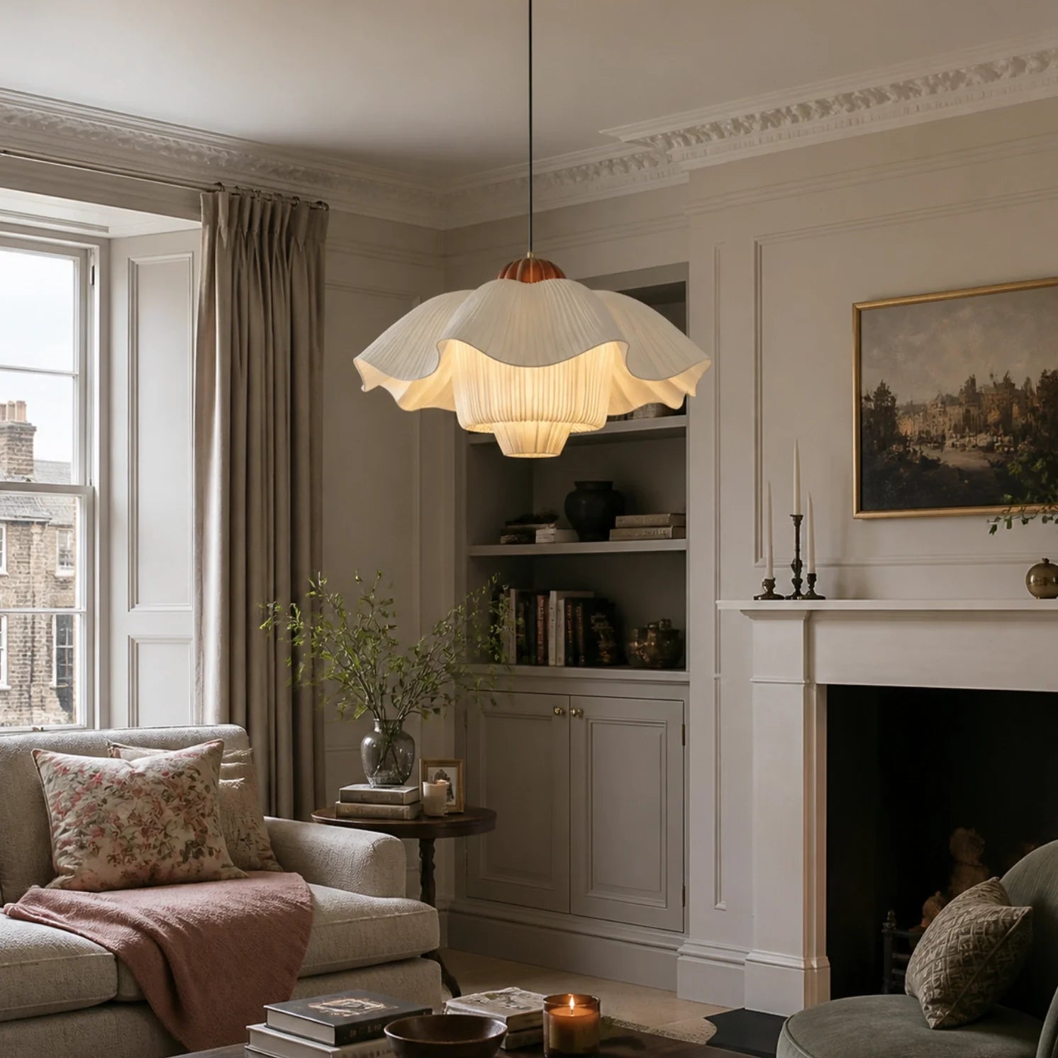 Modern Vintage Scalloped Ivory Pleated Fabric Pendant Light