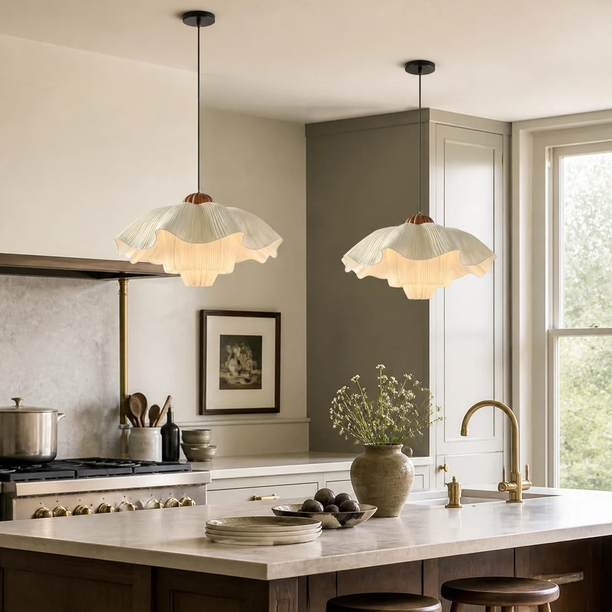 Modern Vintage Scalloped Ivory Pleated Fabric Pendant Light