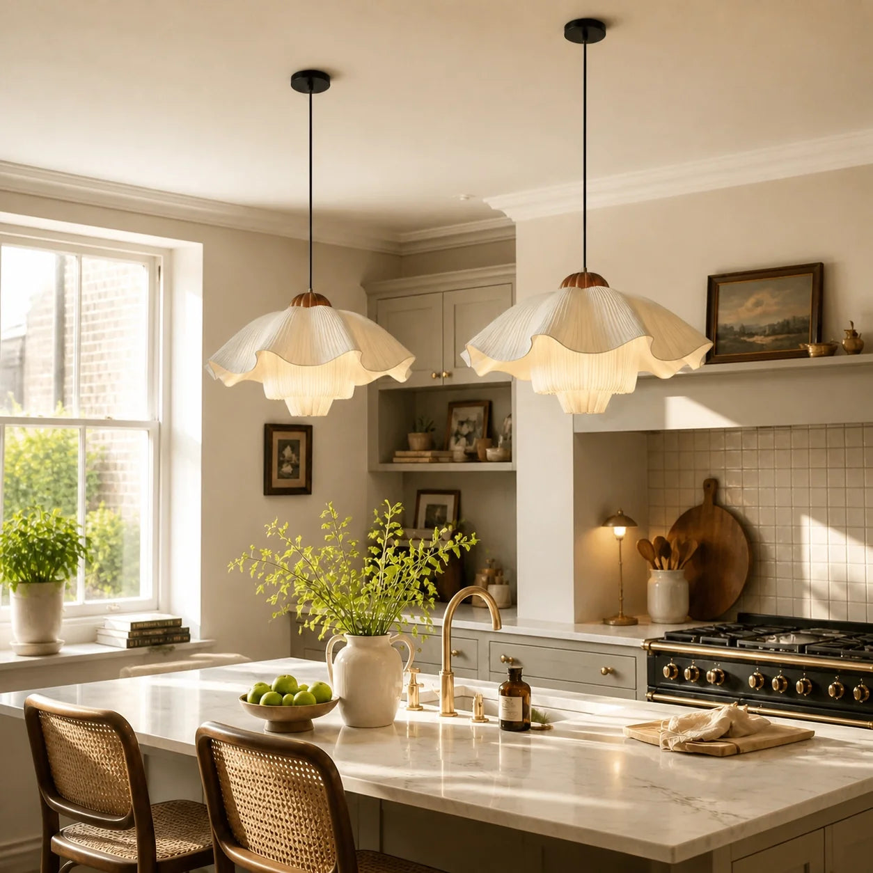 Modern Vintage Scalloped Ivory Pleated Fabric Pendant Light