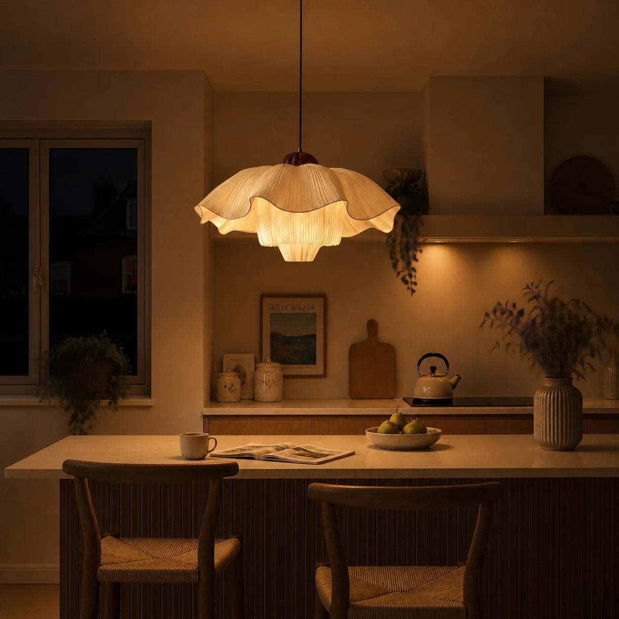 Modern Vintage Scalloped Ivory Pleated Fabric Pendant Light