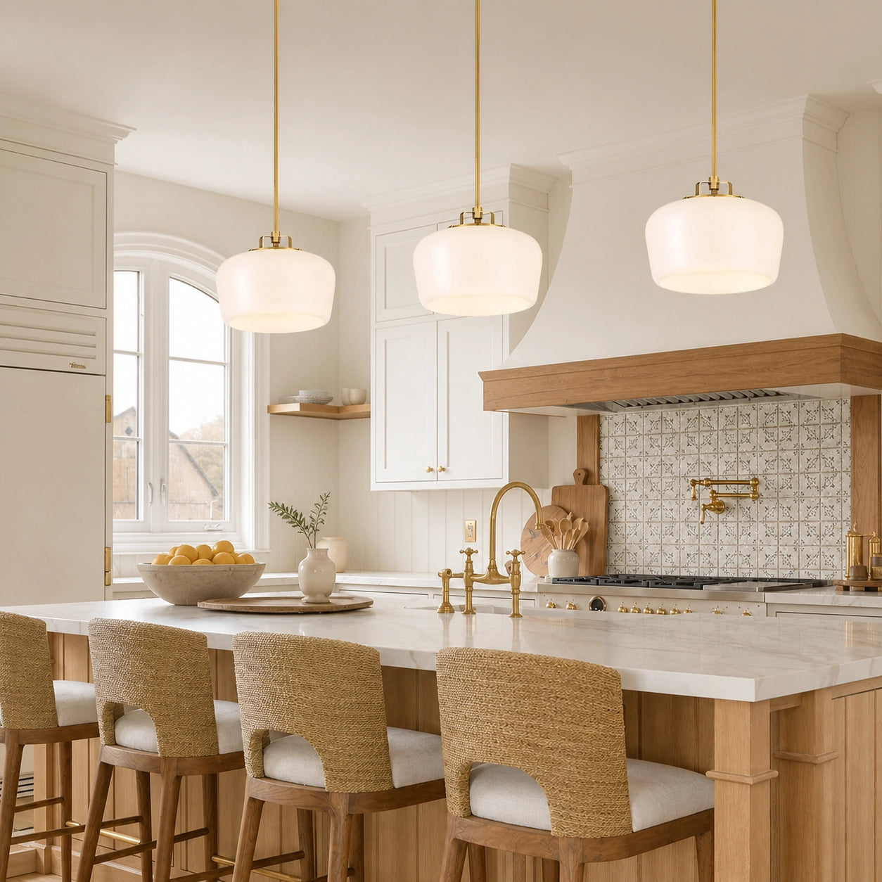 Modern Antique Brass Opal White Glass Pendant Light for Kitchen Island
